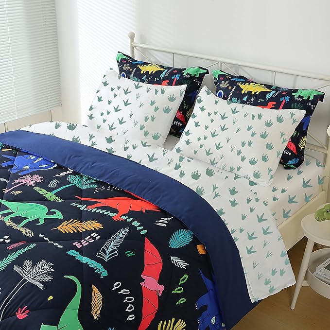 7 Piece Dinosaur Bedding Set Queen Size for Kids Boys Teens Cartoon Blue Dino Comforter Set with Sheet Colorful 3D Print Bed in a Bag
