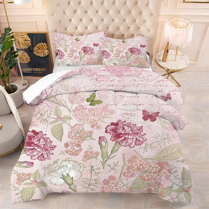 kxry Pink Flower Comforter Sets Butterfly Bedding Sets Twin Size Comforter Set for Girls Women Kids 1 Comforter + 1 Pillow Case