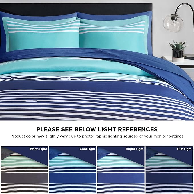 Comfort Spaces Twin XL Comforter Sets with Sheets - Bed in a Bag 6 Pieces Teen Bedding Sets Twin XL, Navy and Grey Stripes Bedding, College Twin Bed Set, 2 Side Pocket Bedroom Organizer Twin XL Navy