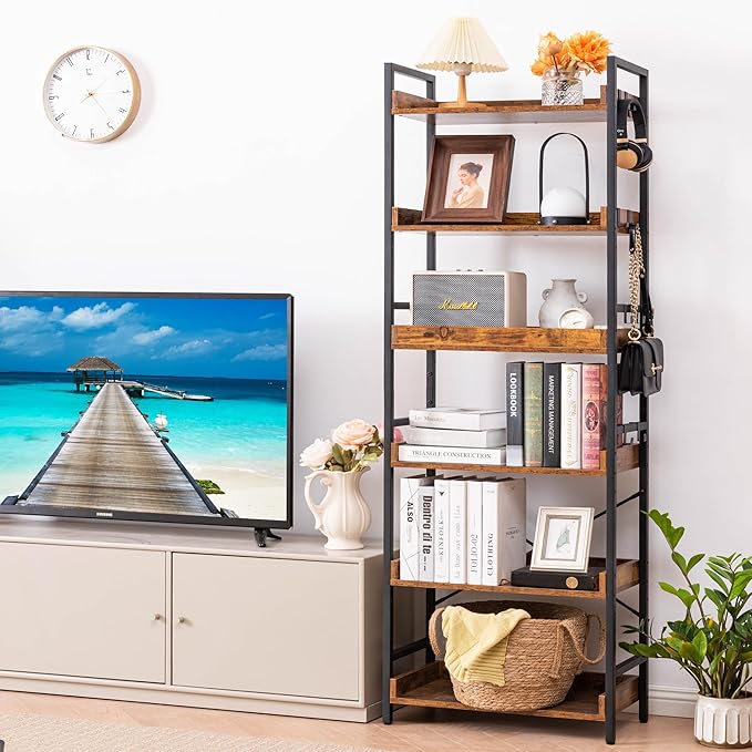HCHQHS Adjustable 6 Tier Open Bookcase, Rustic Farmhouse Book Shelves, Industrial Wood and Black Metal Bookshelves, Mid Century Bookcase for Home Office Living Room Bedroom