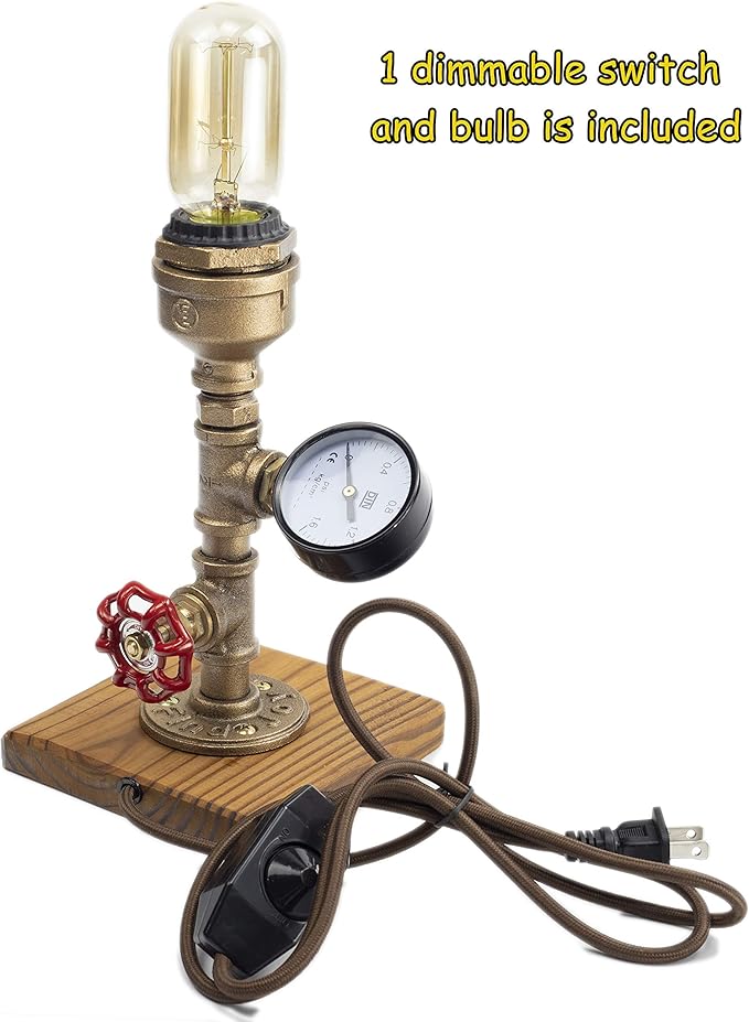 Steampunk Lamp with Dimmer, Dimmable Loft Style Industrial Vintage Antique Style Light with Bulb, Wood Base with Iron Piping Desk Lamp, Retro Desk Lamp LL-025