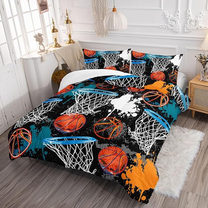 Axolotl Basketball Comforter Set Twin,Sports Comforter Set,Basketball Bedding Set,Sports Theme Comforter Set,Grunge Bedding Aesthetic Cool Style for Boys Kids Men,1 Quilt 2 Pillowcases,Black Blue