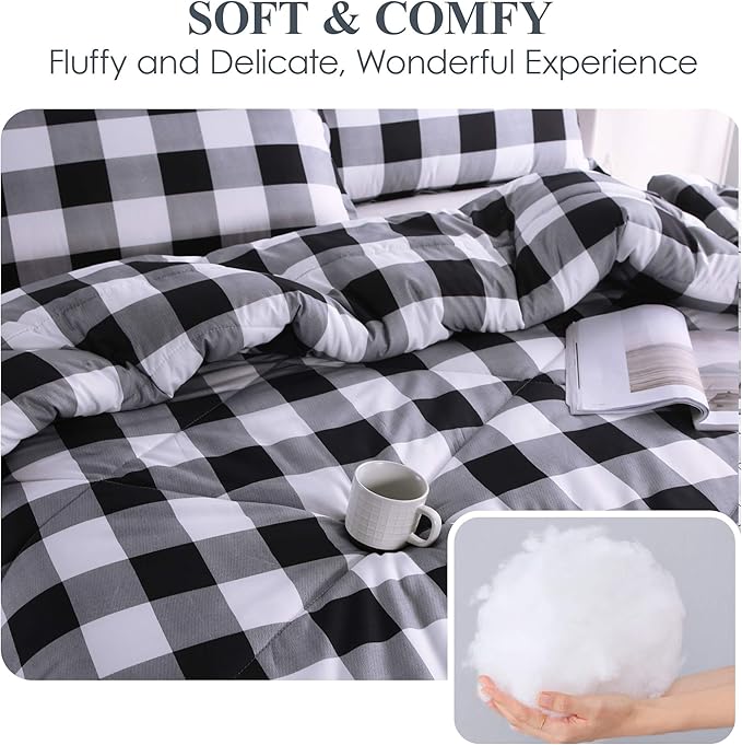 Andency Black Plaid Comforter Set King Size (90x104 Inch), 3 Pieces (1 Gingham Comforter and 2 Pillowcases), Summer Lightweight Microfiber Buffalo Check Down Alternative Comforter Set