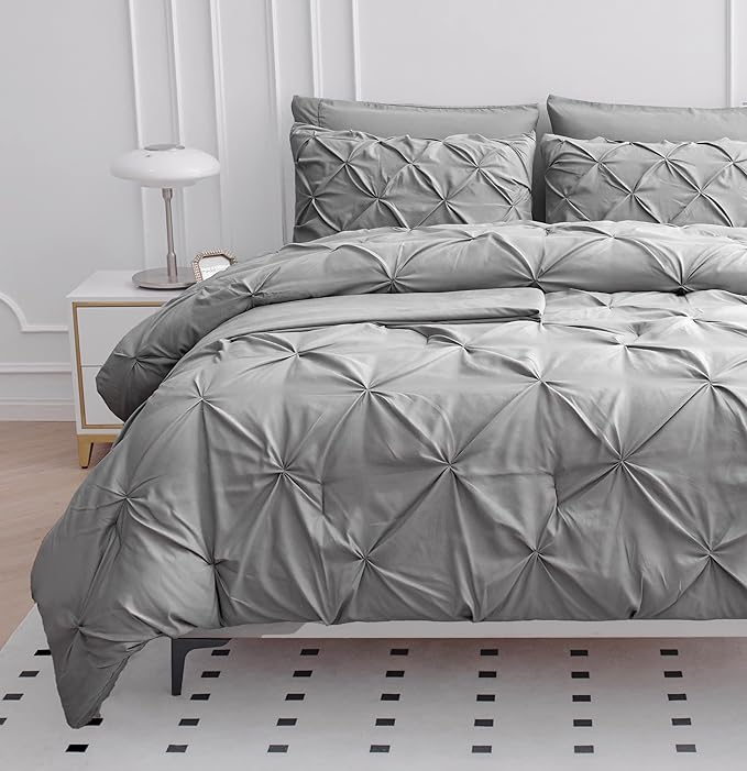 LANE LINEN Bedding Comforter Set for Split King Mattress, Soft 8 Piece Split King Bed in a Bag with 1 King Comforter, 1 King Size Flat Sheet, 2 Twin XL Fitted Sheets, 2 Pillowcases & 2 Shams - Silver