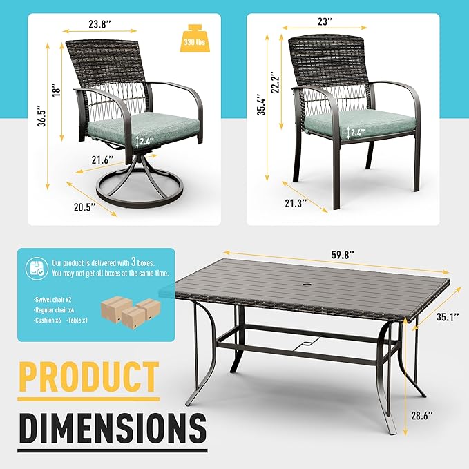 Pamapic 7 Piece Patio Dining Set for 6,Wicker Outdoor Furniture Set for Backyard Garden Deck Poolside with Iron Slats Table Top,4 Dining Chairs and 2 Swivel Rockers,Removable Cushions(Green)