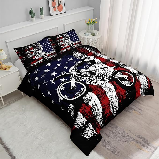 Axolotl Dirt Bike Comforter Set Twin,American Flag Bedding Set,Motocross Comforter Set,White Red Stripes Stars Comforter Set,Motorcycle Racer Comforter for Boys Kids Teens Men,1 Quilt 2 Pillowcases