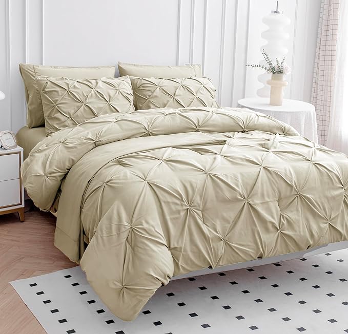 LANE LINEN Twin XL Comforter Set, 5 Piece Twin XL Bedding Set, Pintuck Twin XL Bed in a Bag, Twin XL Bed Set, Twin XL Bed Comforter Set with Sheets, Pillowcase & Sham, Bedding Comforter Sets - Linen