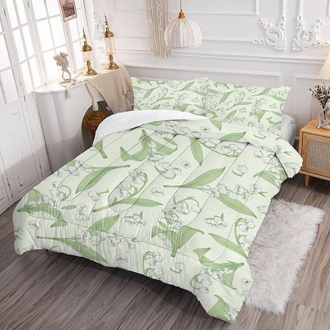 kxry Green Flower Comforter Sets Bedding Sets Full Size Comforter Set for Girls Women Kids 1 Comforter + 2 Pillow Case