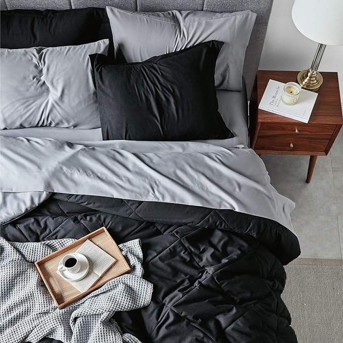 Bedsure Black Comforter Set King - 7 Pieces Reversible Black Bed Set King, Black Bedding Set King with Comforters, Sheets, Pillowcases & Shams, King Size Black Bed in a Bag