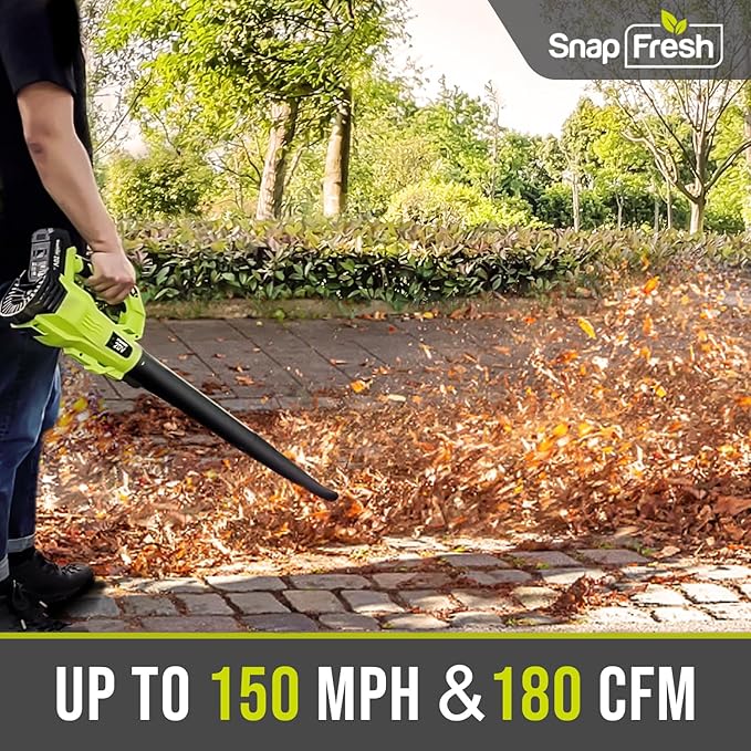 SnapFresh Cordless Leaf Blower - 180 CFM Leaf Blower with Battery & Charger, 2 Section Tubes, Free Control Speed,Lightweight, Electric Leaf Blower for Blowing Leaves, Lawn Care, Dust & Other Debris