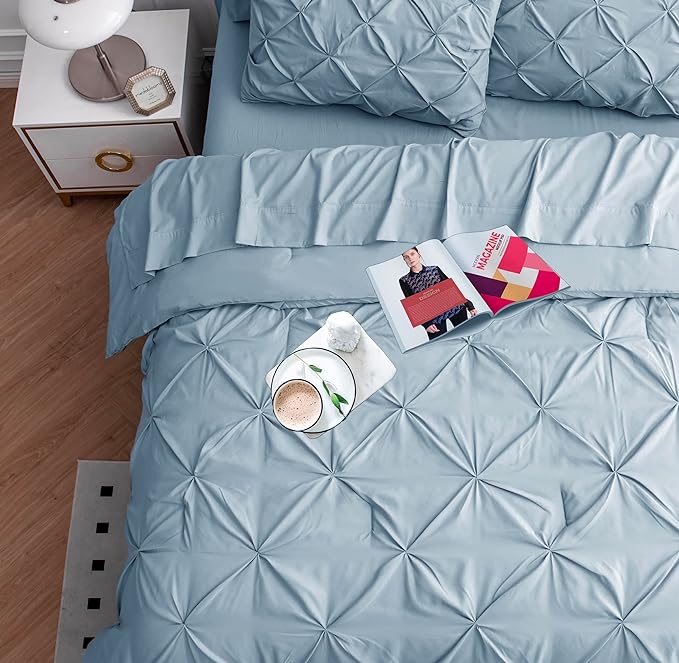 LANE LINEN Comforters Queen Size, 7 Piece Queen Comforter Set, Soft Queen Size Comforter Sets, Pintuck Queen Bed Set, Fluffy Comforters Queen Size Set with Sheets, Pillowcases & Shams - French Blue