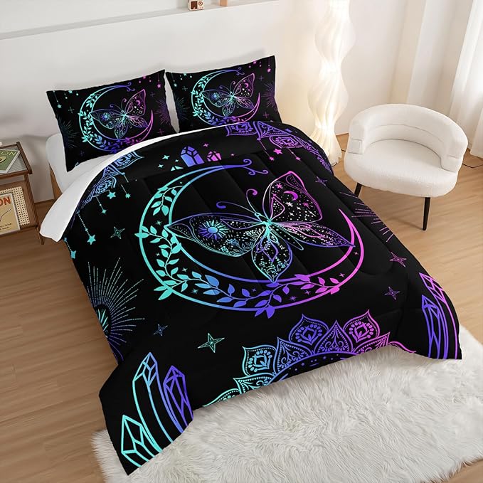 HOSIMA Butterfly Comforter Set 3Piece with 2 Pillowcases,Black Comforter Butterfly Aesthetics Room Decor,Boho Mandala Comforter Butterfly Bedding Set for Girls,Bohemian King Size Comforter Set.
