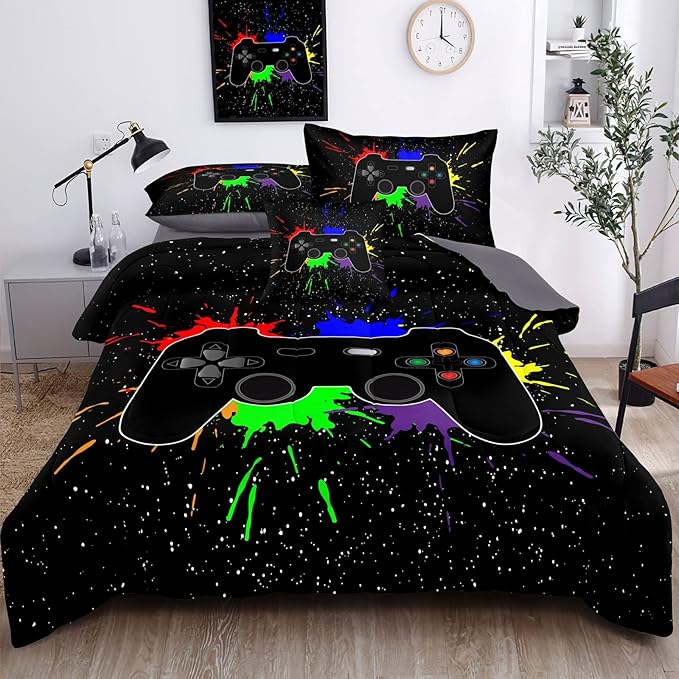 Kids Gaming Bedding Sets, 5 Piece Gamer Comforter Sets for Teens Boys Twin Size for Bedroom Comforter Set Adult 3D Gamepad Microfiber Bedding Sets Fits All Season
