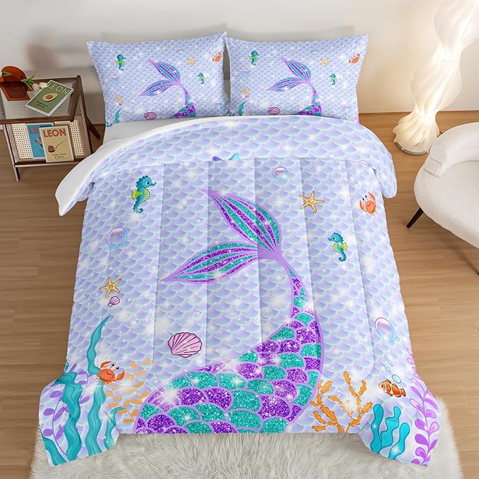 HOSIMA Mermaid Tail Comforter Set 3Pcs with 2 Pillowcases,Purple Fish Scales Bedding Set Cartoon Ocean Life Sea Animal Twin Comforter Set for Girls Kids Women,Mermaid Room Decor