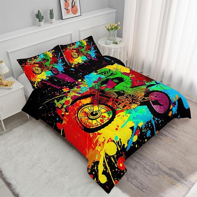 Axolotl Motocross Bedding Set Full,Dirt Bike Comforter Set,Extreme Sports Bedding,Motorcycle Racer Comforter Set Motocross Comforter Motor Vehicles Biker for Boys Kids Teens Men,1 Quilt 2 Pillowcases