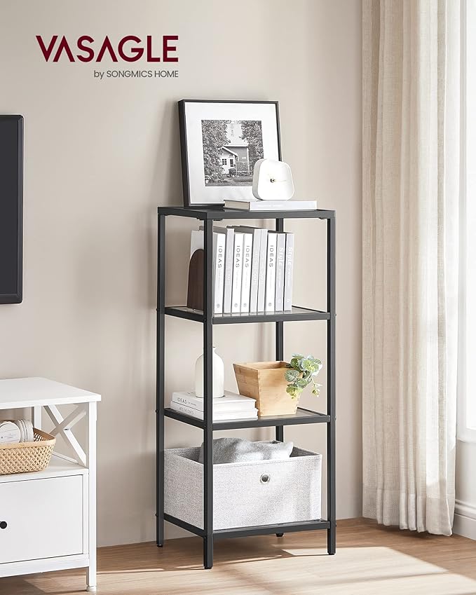 VASAGLE Bookcase, 4-Tier Bookshelf, Slim Shelving Unit for Bedroom, Bathroom, Home Office, Tempered Glass, Steel Frame, Ink Black ULGT028B61