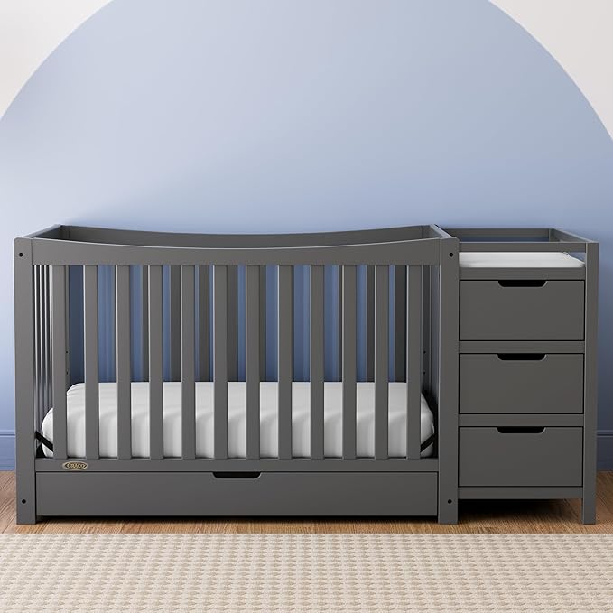 Graco Remi 4-in-1 Convertible Crib & Changer with Drawer (Gray) – GREENGUARD Gold Certified, Crib and Changing -Table Combo, Includes Changing Pad, Converts to Toddler Bed, Daybed and Full-Size Bed