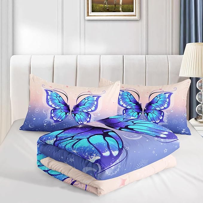 Datura home Bedding Comforter Set Pink Purple Butterfly Printed Pattern Quilt with 1 and 2 Pillowcases for Girls Bedroom All Season(Butterfly Twin) Twin 68x86inches