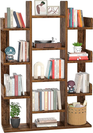 Aheaplus Bookshelf, Tree-Shaped Bookcase Storage Shelf with 13 compartments, Books Organizer Display Cube Shelves, Industrial Free Floor Standing Wood Open Bookshelves for Home