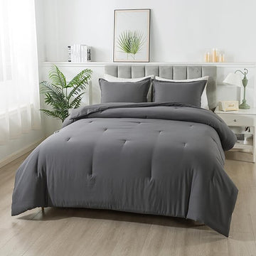 Dark Gray Comforter Set Twin, Solid Grey Down Alternative Bedding Comforter Set, Breathable Fluffy Microfiber Comforter Twin Size (68"x90") for All Seasons with Pillowcase…