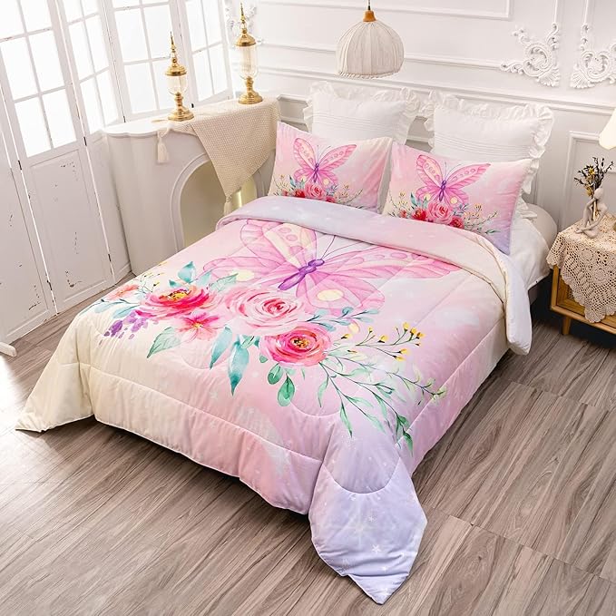 CVHOUSE Butterfly Comforter Sets King for Girls Women,Butterfly Bedding Sets King Set,Butterflies Bedspread,Butterfly Duvet,Butterfly Bed Set,Butterflies Quilt Set 3 Pcs 1 Comforter and 2 Pillowcases