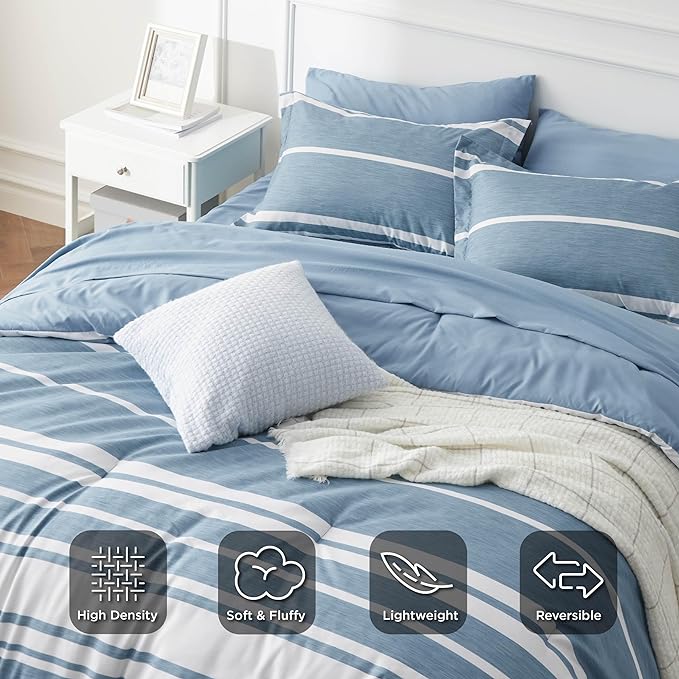 Bedsure Twin XL Comforter Set for College Boys, Blue White Striped Bedding Comforter Sets All Season Bed Set with 1 Pillow Sham, Flat Sheet, Fitted Sheet and 1 Pillowcase