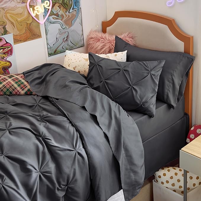 Bedsure Twin XL Comforter Set for Boys - Extra Long 5 Pieces Dorm Bedding Sets, Pinch Pleat Dark Grey Bed in a Bag with Comforter, Sheets, Pillowcase & Sham