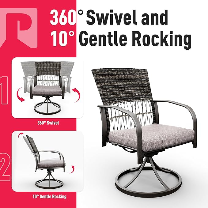 Pamapic 7 Piece Patio Dining Set for 6,Outdoor Wicker Furniture Set for Backyard Garden Deck Poolside with 4 Dining Chairs and 2 Swivel Rockers,Iron Slats Table Top, Removable Cushions(Gray)