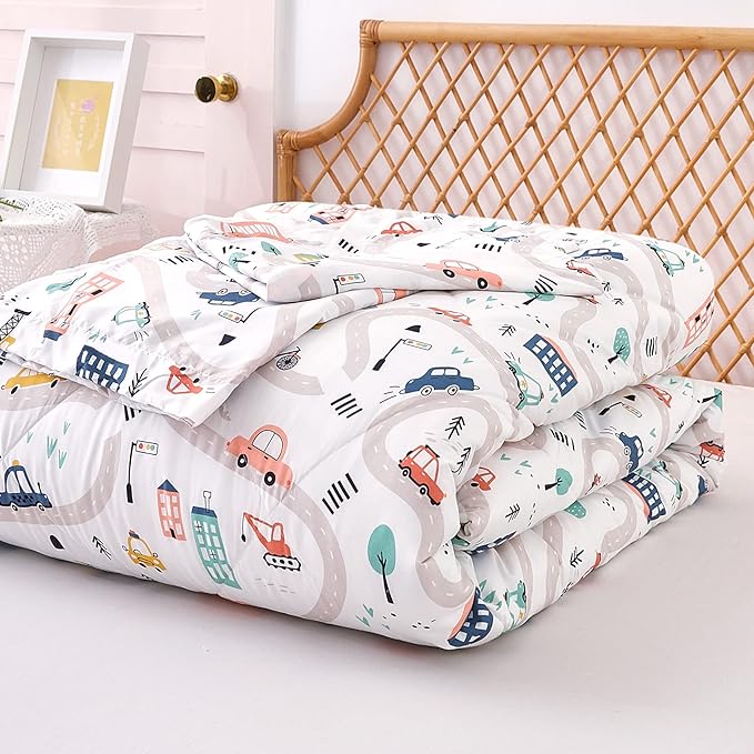 JSD Car Kids Printed Comforter Set for Boys Girls, 3 Pieces Full Microfiber Comforter with Pillow Sham, Soft Comfortable Machine Washable