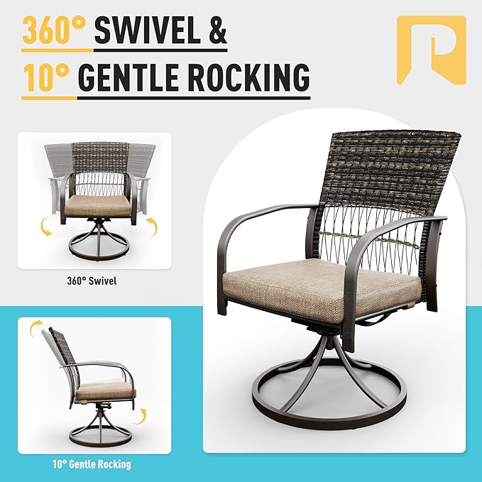 Pamapic 5 Piece Patio Dining Set for 4,Wicker Outdoor Furniture Set for Backyard Garden Deck Poolside with Square Plastic-Wood Table Top,4 Cushions Swivel Rocker Chairs,Removable Cushions(Beige)