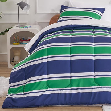 SLEEP ZONE Kids Rugby Bedding Comforter Set Full/Queen Size - Super Cute & Soft Kids Bedding 7 Pieces Set with Comforter, Sheet, Pillowcase & Sham (Rugby Stripe Navy/Green)