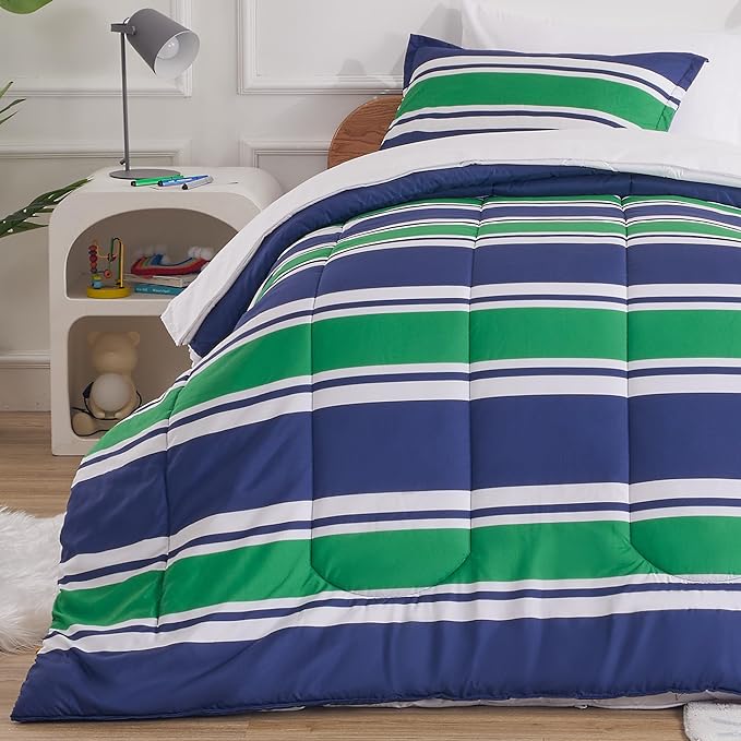 SLEEP ZONE Kids Rugby Twin Bedding Comforter Set - Super Cute & Soft Kids Bedding 5 Pieces Set with Comforter, Sheet, Pillowcase & Sham (Rugby Stripe Navy/Green)