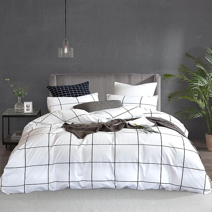 White Grid Comforter White Plaid Bedding Set Twin White with Black Line Stripes Boys Checkered Comforters Bedding Set Girls White Grid Comforter Set Twin