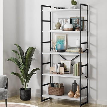 Shintenchi 5 Tiers Bookshelf, Classically Tall Bookcase Shelf,Industrial Book Rack,Modern Book Holder in Bedroom/Living Room/Office, Storage Rack Shelves for Books/Movies,11.8" Dx23.6 Wx62.2 H,White