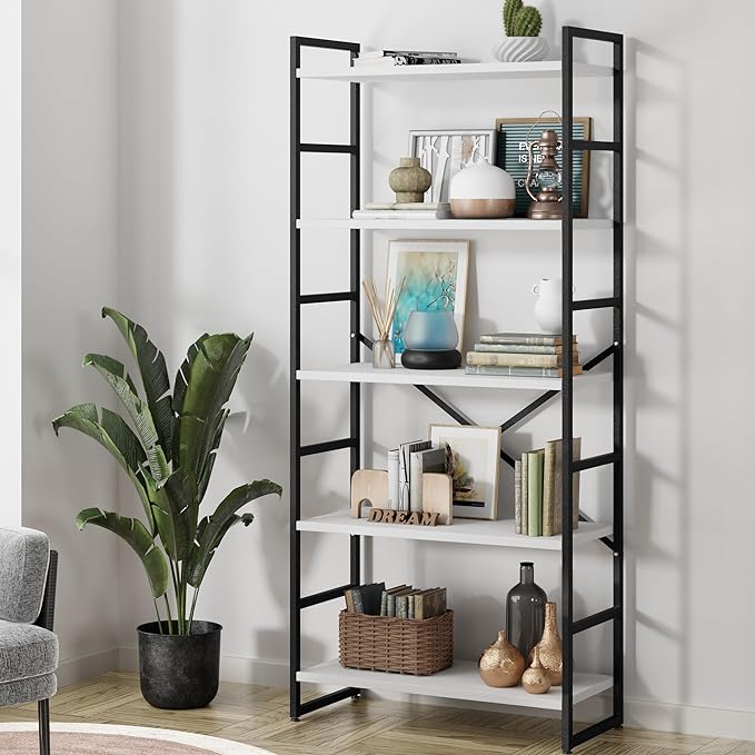 Shintenchi 5 Tiers Bookshelf, Classically Tall Bookcase Shelf,Industrial Book Rack,Modern Book Holder in Bedroom/Living Room/Office, Storage Rack Shelves for Books/Movies,11.8" Dx23.6 Wx62.2 H,White