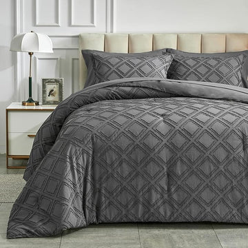 7 Pieces Tufted Bed in a Bag King Comforter Set with Sheets Dark Grey, Soft and Embroidery Shabby Chic Boho Bohemian, Luxury Solid Color with Diamond Pattern, Jacquard Tufts Bedding Set for All Season