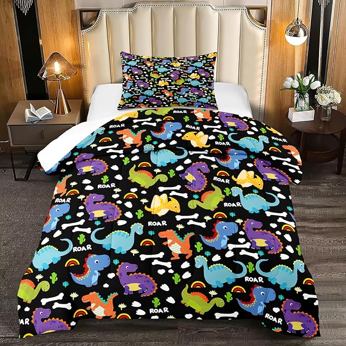 Dinosaur Comforter Set Twin - Cartoon Dinosaur Twin Bedding Set for Boys Kids Twin Size Comforter Set for Boys Soft Breathable Dino Quilt Kids Bedding Set, 1 Comforter 1 Pillowcase