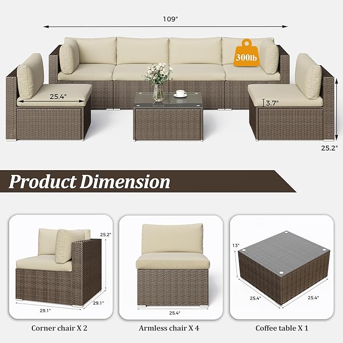 SUNVIVI OUTDOOR 7 Piece Patio Sectional Sofa Outdoor All Weather Brown PE Wicker Furniture Set, Paito Conversation Sofa Set with Glass Table, Removable Beige Cushions