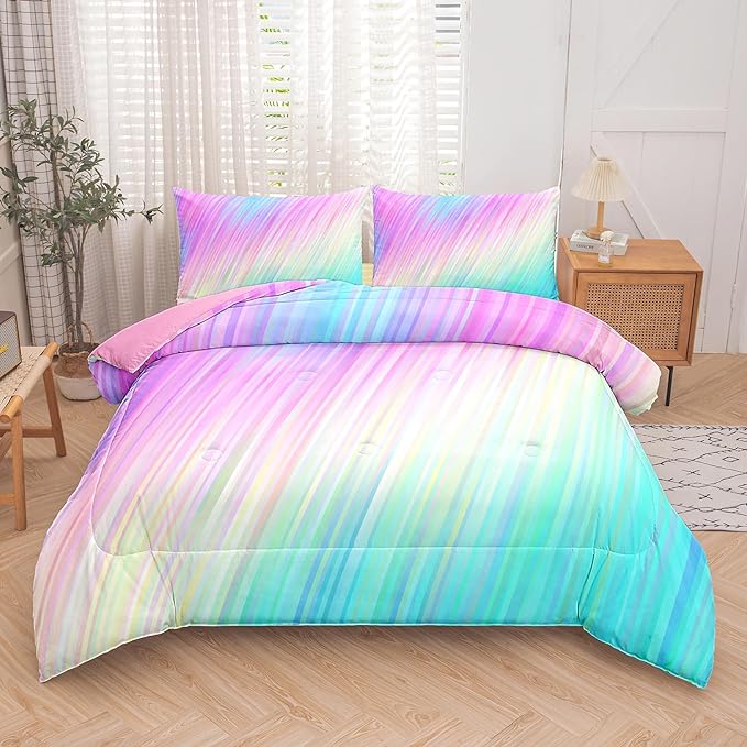 Bodhi pink twin comforter set,comforter set for girls,tie dye bedding set for kids,kids girls bedding sets,twin comforter sets for girls,2PCS rainbow bedding set with pillowcase