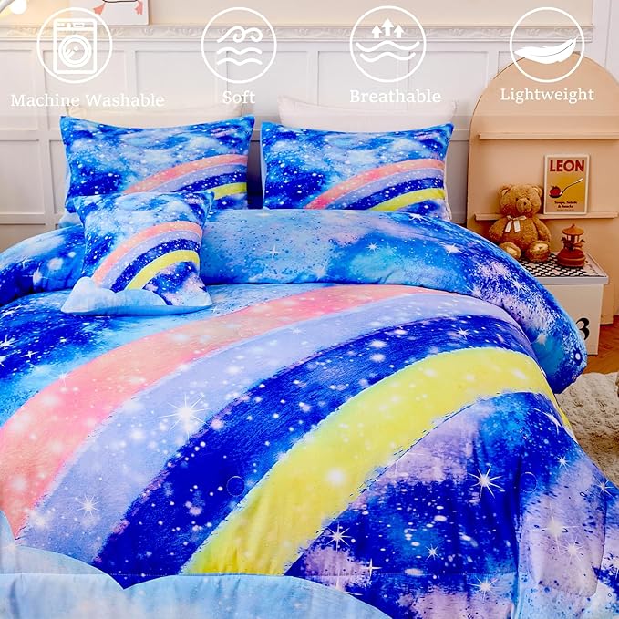6Pcs Rainbow Bluey Girls Comforter Set Twin Gradient Glitter Bedding Sets Tie Dye Blue Girl Bed Set Soft Galaxy Kids Bed in A Bag with Sheets for All Season