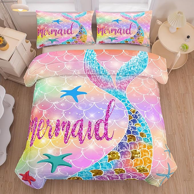 NINENINE Mermaid Tail Bedding Sets for Teens Girls,Full Size Princess Comforter Set,Rainbow Glitter Bedding Sets for Girls,Kids Fish Scales Bedding Sets with 1 Comforter 2Pillowcases
