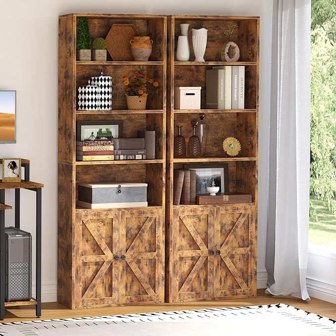 oneinmil 6 Tier Bookcase, Wooden Bookshelves with Cabinet Doors, Floor Bookshelf and Office Storage Cabinets for Home Office, Living Room,Brown