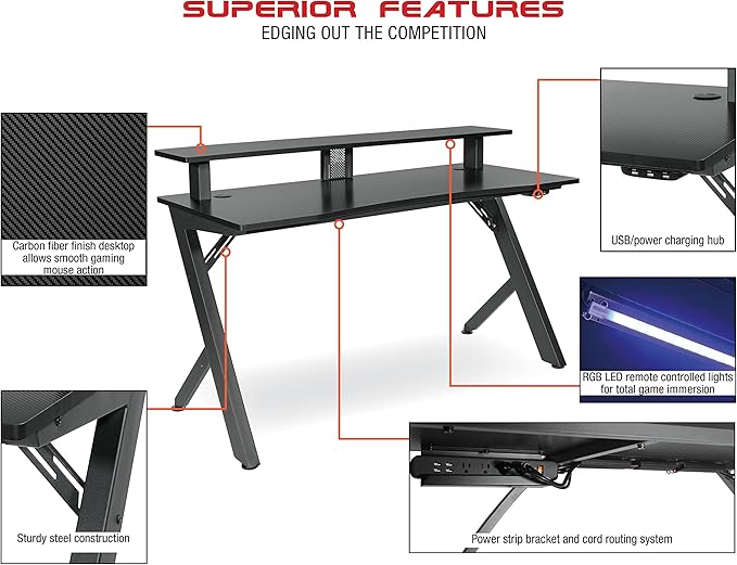 OSP Home Furnishings Area51 Battlestation Gaming Desk with Bluetooth RGB LED Lights, Red