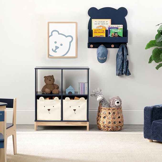 Delta Children babyGap Oxford 6-in-1 Convertible Crib + Brannan Bear Bookcase with Bins + Brannan Bear Wall Shelf with 4 Hooks, Navy/Natural (Bundle)