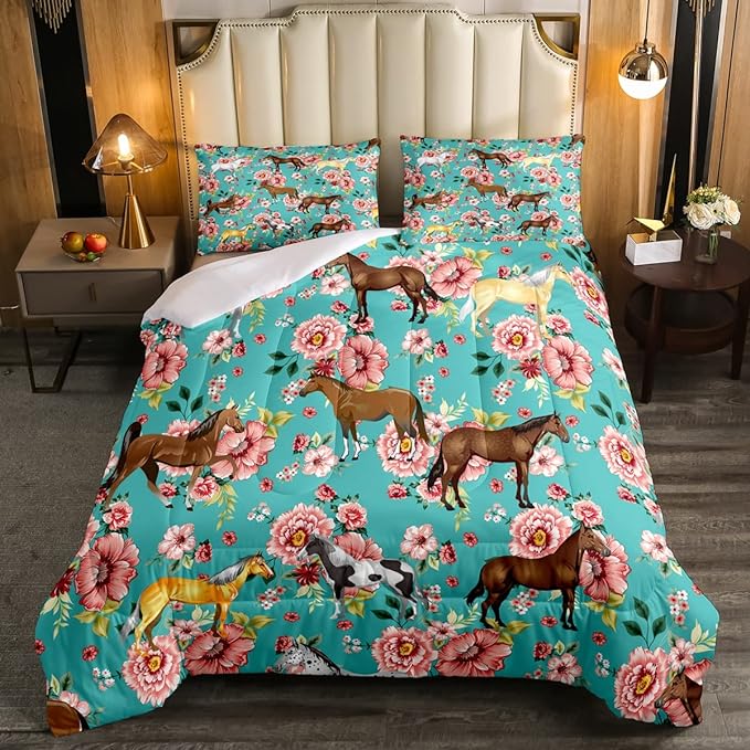 Horse Bedding Set Queen Chic Retro Blossom Comforter Set For Kids Girls Teens Galloping Horse Comforter Romantic Aesthetic Style 3D Wild Farm Animal Duvet Set Bedroom Decor Quilt Set, Green Pink