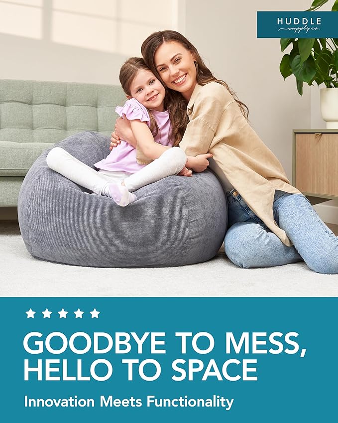 Stuffed Animal Bean Bag Storage (No Filler) - Machine Washable Kids Bean Bag Chair Cover Makes Extra Large Bean Bag Chair Stuff Toys & Soft Items - Stuffed Animal Holder for Kids -Grey Corduroy