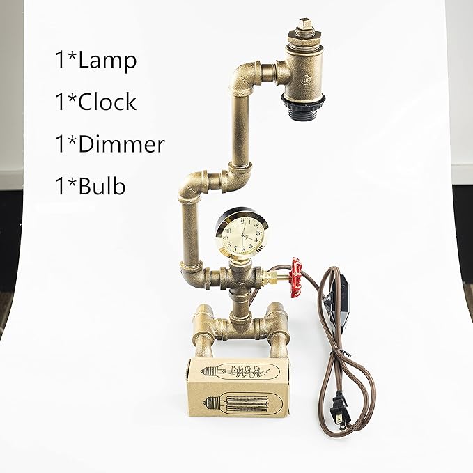 Steampunk Lamp with Dimmer, Dimmable Loft Style Industrial Vintage Antique Style Light with Bulb, Clock with Iron Piping Desk Lamp, Retro Desk Lamp LL-029