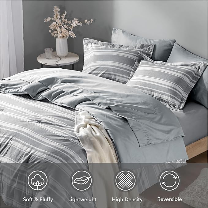 Full-size Bed in a Bag, Full Bedding Sets, Modern Farmhouse Grey and White Striped Comforter with Sheets, 7-Piece Complete Bedroom Set