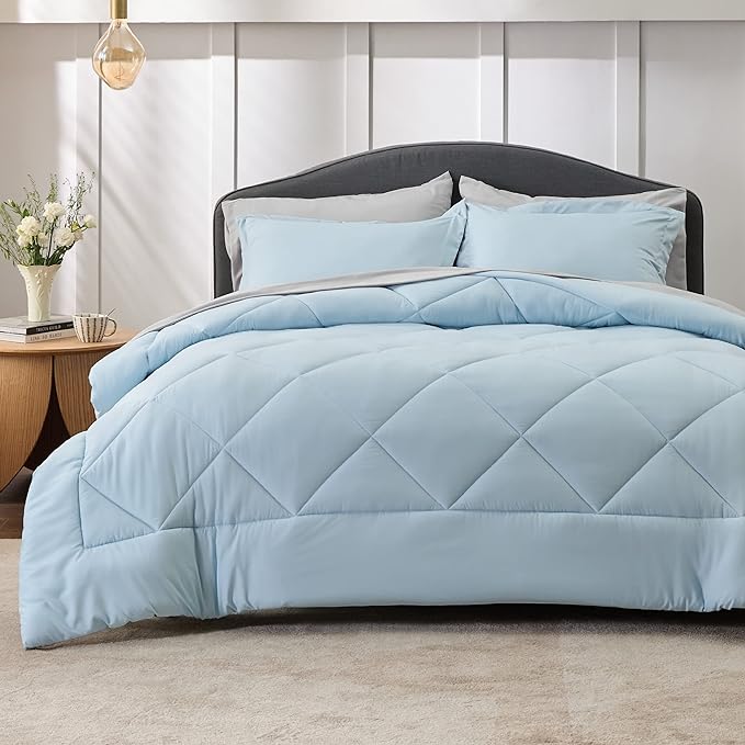 Bedsure Sky Blue Queen Comforter Set - 7 Pieces Reversible Queen Bed in a Bag Queen Bed Set with Comforters, Sheets, Pillowcases & Shams, Queen Bedding Sets