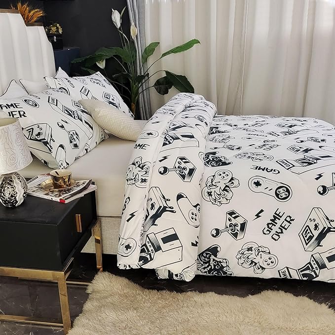 3PCS White Gamer Comforter Set Full for Boys Girls Teens and Kids, Soft Microfiber Cute Comforter Full Size, Bed in a Bag Full Cozy House Collection, Hotel Luxury and Lightweight, Full